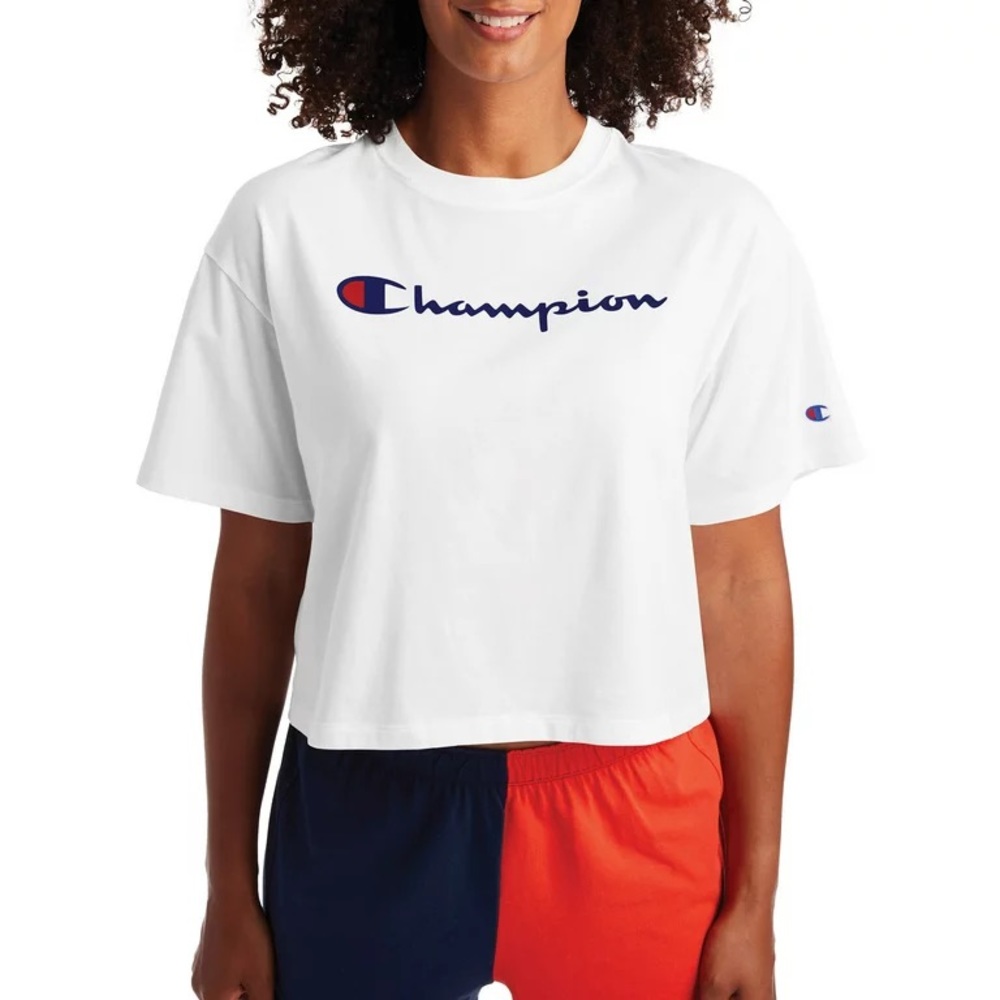NEW Size XL Champion Heritage White Cursive Script Logo Classic Crop Tee T-Shirt